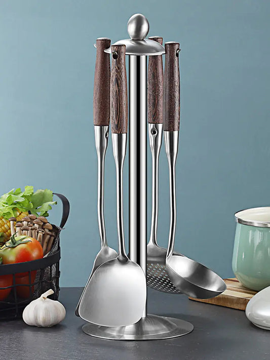 Chicken Wing Wood Kitchen Utensils Set with Stainless Steel