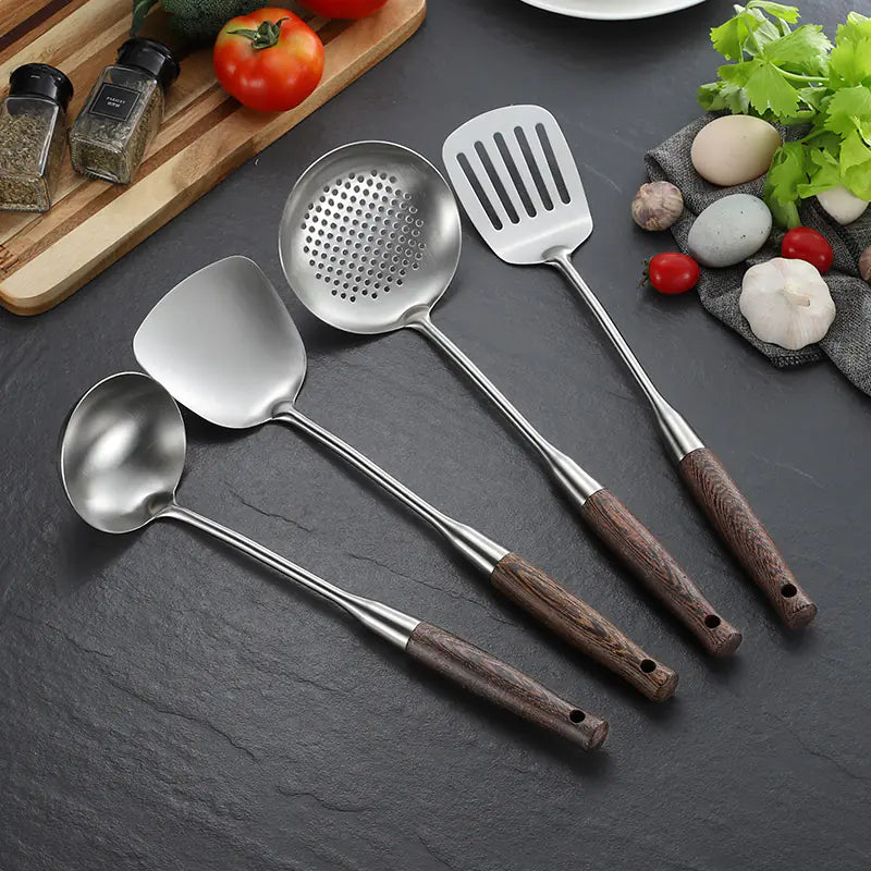 Chicken Wing Wood Kitchen Utensils Set with Stainless Steel