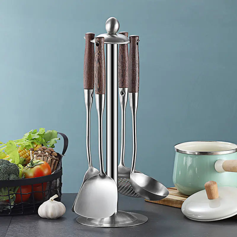Chicken Wing Wood Kitchen Utensils Set with Stainless Steel